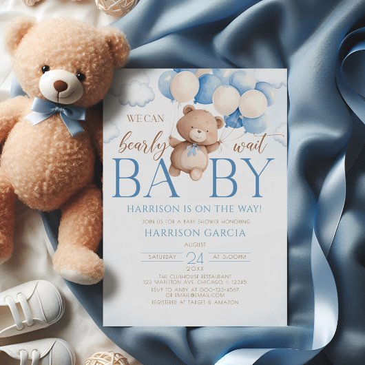 Blue Teddy Bear Balloon Barly Wait Baby shower Kaart