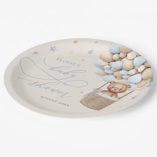 Blue Teddy Bear Balloon Barly Wait Baby shower Papieren Bordje (Gekanteld)