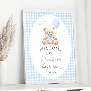Blue Teddy Bear Balloon Bow Baby shower Welkom Poster