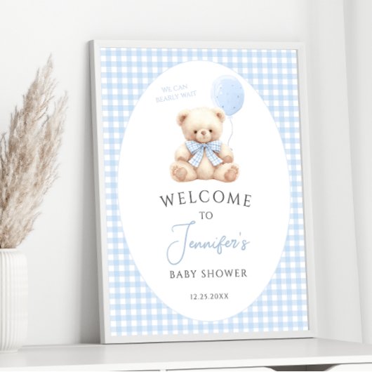 Blue Teddy Bear Balloon Bow Baby shower Welkom Poster