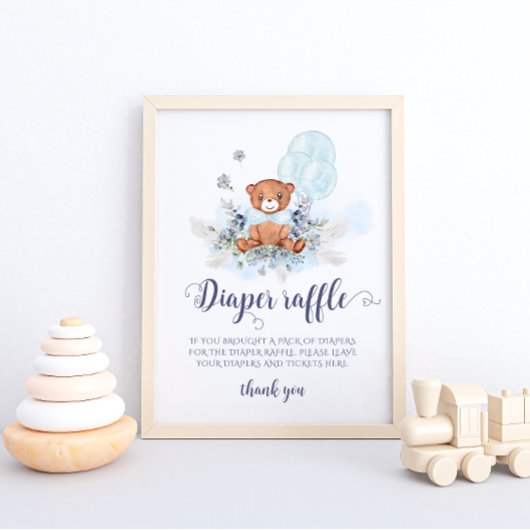 Blue Teddy Bear Balloon Diaper Raffle Poster