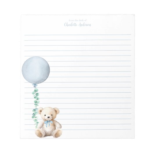 Blue Teddy Bear Balloon Gepersonaliseerd Notitiebl Notitieblok (Voorkant)