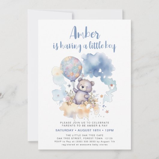 Blue Teddy Bear Balloon Leuk Jongen Baby shower Kaart (Voorkant)