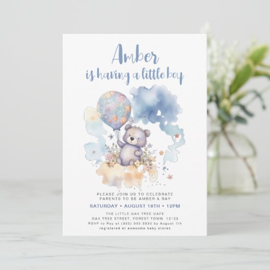 Blue Teddy Bear Balloon Leuk Jongen Baby shower Kaart (Staand voorkant)