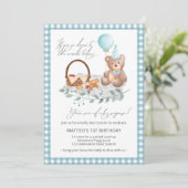 Blue Teddy Bear Balloon Picnic 1e verjaardag Invit Kaart (Staand voorkant)