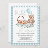 Blue Teddy Bear Balloon Picnic 1e verjaardag Invit Kaart (Voorkant / Achterkant)