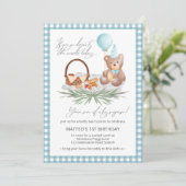 Blue Teddy Bear Balloon Picnic 1e verjaardag Kaart (Staand voorkant)