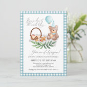 Blue Teddy Bear Balloon Picnic 1e verjaardag Kaart (Staand voorkant)