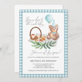 Blue Teddy Bear Balloon Picnic 1e verjaardag Kaart (Voorkant / Achterkant)