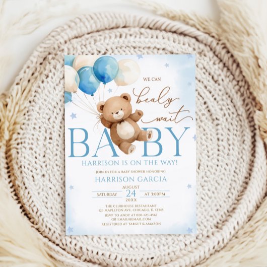 Blue Teddy Bear Balloons Baby shower Kaart