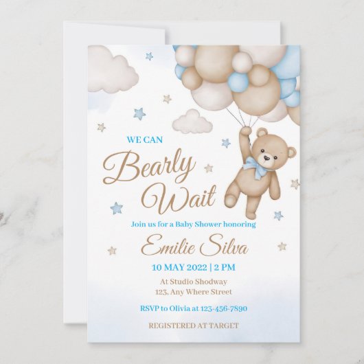 Blue Teddy Bear Balloons Boy Baby Shower Kaart (Voorkant)