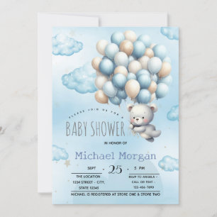 Blue Teddy Bear Balloons Clouds Baby shower Kaart