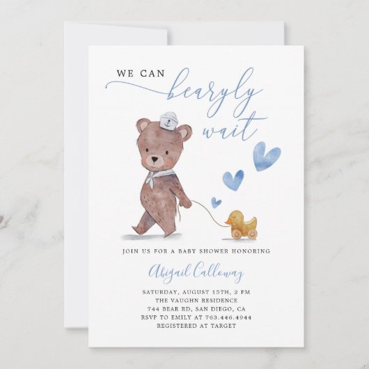 Blue Teddy Bear Barly Wait Baby shower Kaart (Voorkant)