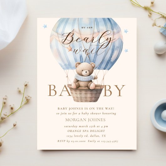 Blue Teddy Bear Barly Wait Baby shower Kaart