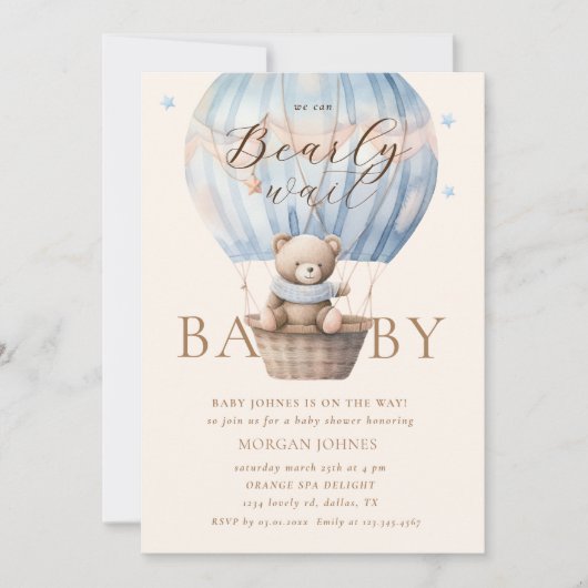 Blue Teddy Bear Barly Wait Baby shower Kaart (Voorkant)