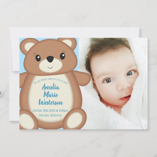 Blue Teddy Bear Birth kondiging Kaart (Voorkant)