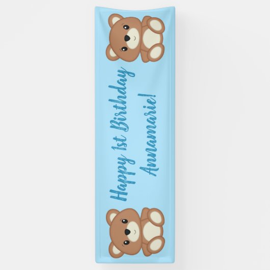 Blue Teddy Bear Birthday Party Spandoek (Verticaal)