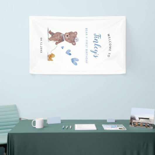 Blue Teddy Bear Birthday Party Welkomstteken Spandoek (Beurs)