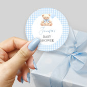 Blue Teddy Bear Bow Balloon Baby Boy Shower Ronde Sticker