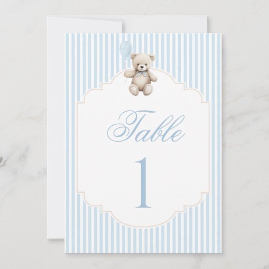 Blue Teddy Bear Bow Balloon Baby Boy Table Number (Voorkant)