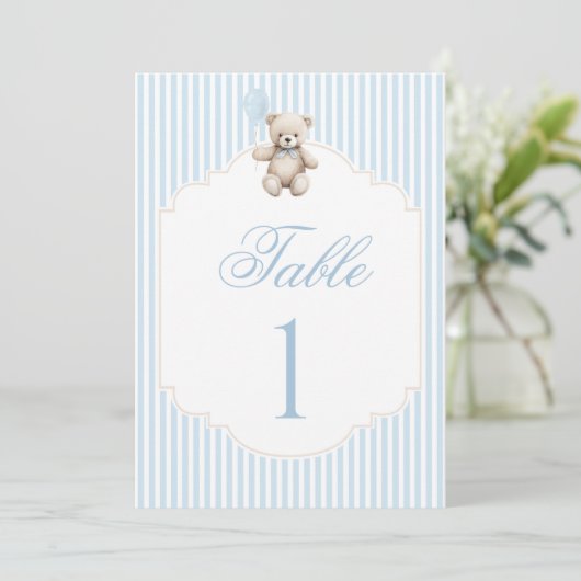 Blue Teddy Bear Bow Balloon Baby Boy Table Number (Staand voorkant)