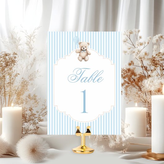 Blue Teddy Bear Bow Balloon Baby Boy Table Number