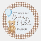 Blue Teddy Bear Boy Baby shower Bedankt Ronde Sticker (Voorkant)