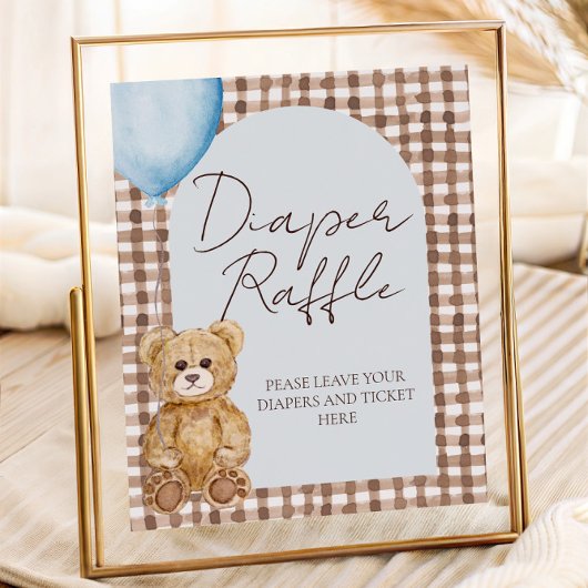 Blue Teddy Bear Boy Baby Shower Diaper Raffle Sign Poster