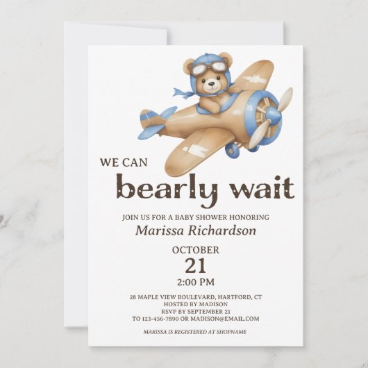 Blue Teddy Bear Boy Baby shower Invitation Kaart (Voorkant)