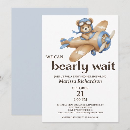 Blue Teddy Bear Boy Baby shower Invitation Kaart (Voorkant / Achterkant)
