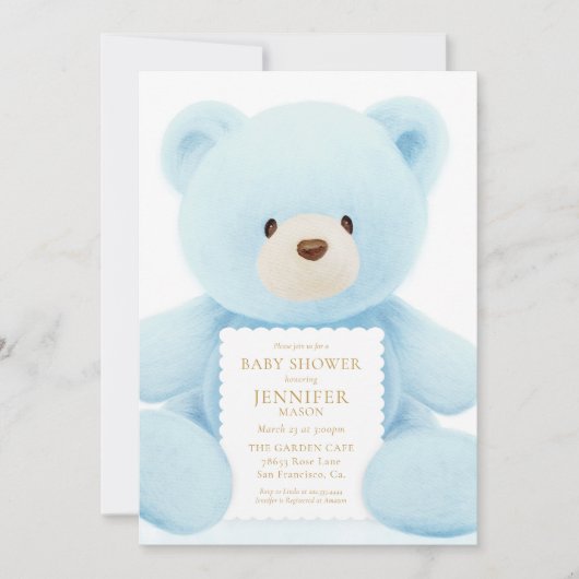 Blue Teddy Bear Boy Baby shower Invitation Kaart (Voorkant)