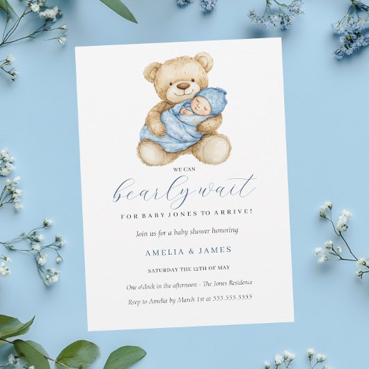 Blue Teddy Bear Boy Baby shower Invitation Kaart
