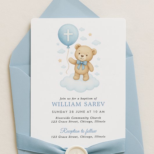 Blue Teddy Bear Boy doop uitnodiging