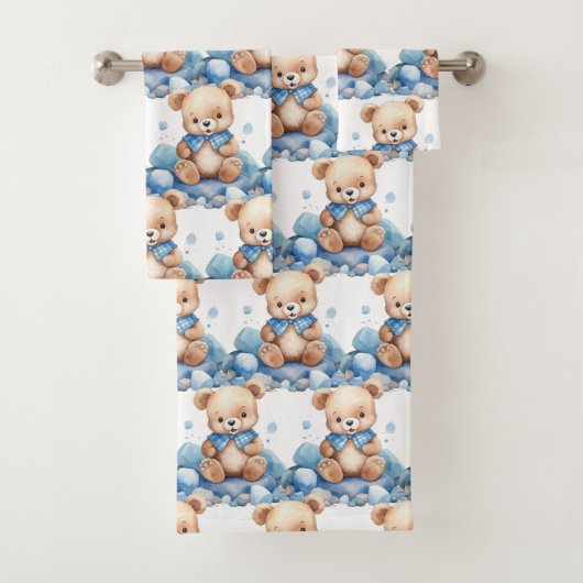 Blue Teddy Bear Boy's Badhanddoek Set Bad Handdoek (Insitu)
