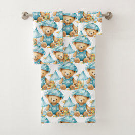 Blue Teddy Bear Boy's Badhanddoek Set Bad Handdoek