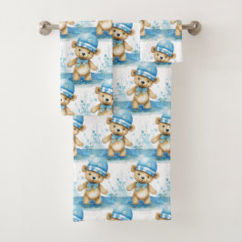 Blue Teddy Bear Boy's Badhanddoek Set Bad Handdoek