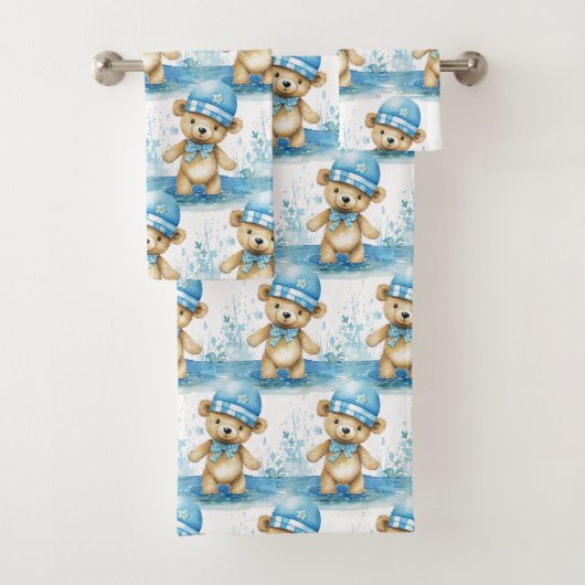 Blue Teddy Bear Boy's Badhanddoek Set Bad Handdoek (Insitu)