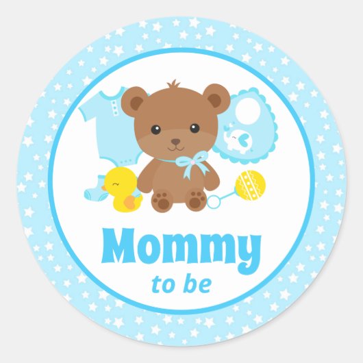 Blue Teddy Bear Clothes Baby shower mammie Ronde Sticker (Voorkant)