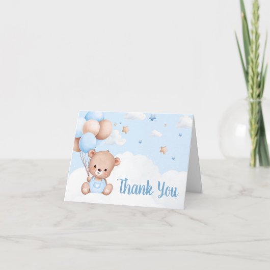 Blue Teddy Bear Clouds Balloon Baby shower Bedankkaart (Voorkant)