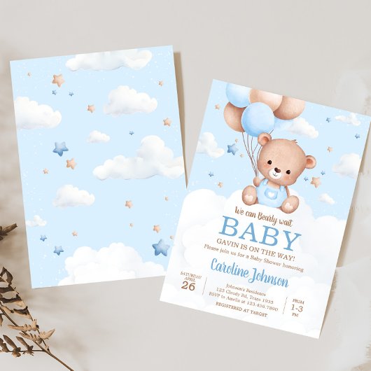 Blue Teddy Bear Clouds Balloon Baby shower Kaart