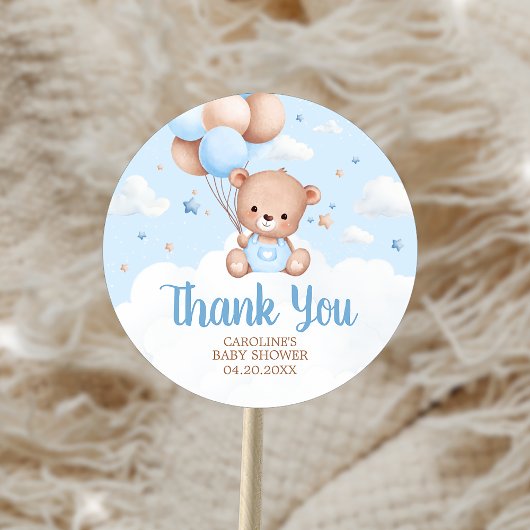 Blue Teddy Bear Clouds Balloon Baby shower Ronde Sticker