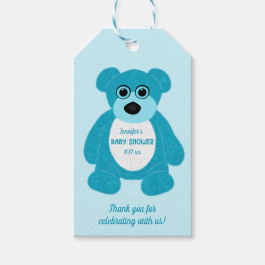 Blue Teddy Bear Custom Baby shower Cadeaulabel (Voorkant)