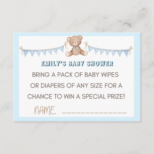 Blue Teddy Bear Diaper en Wipes Raffle Insert Informatiekaartje (Voorkant)