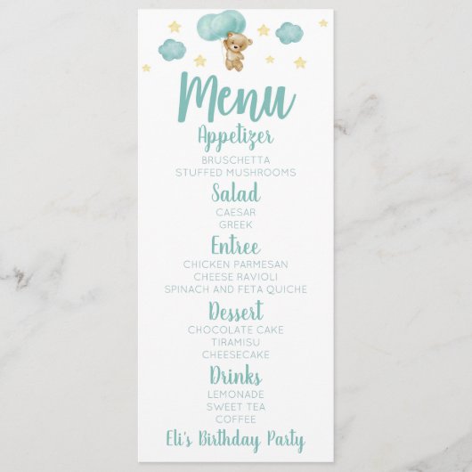 Blue Teddy Bear en Balloons Birthday Party Food Menu (Voorkant)