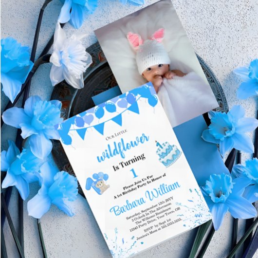 Blue Teddy Bear First Birthday Photo Invitation Kaart