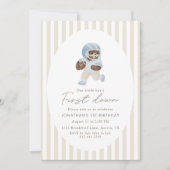 Blue Teddy bear First Down Football First Birthday Kaart (Voorkant)