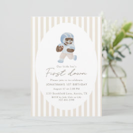 Blue Teddy bear First Down Football First Birthday Kaart
