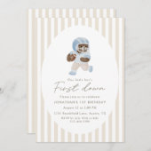 Blue Teddy bear First Down Football First Birthday Kaart (Voorkant / Achterkant)