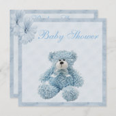Blue Teddy Bear & Flowers Boy Baby shower Kaart (Voorkant / Achterkant)