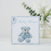 Blue Teddy Bear & Flowers Boy Baby shower Kaart (Staand voorkant)